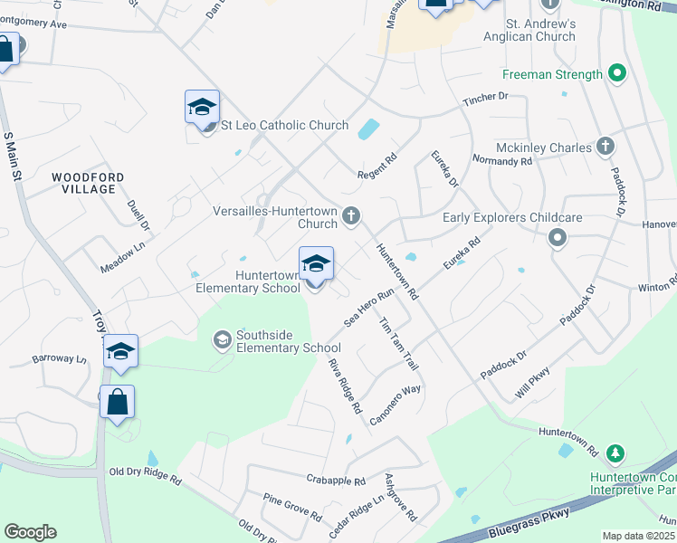 map of restaurants, bars, coffee shops, grocery stores, and more near Woodburn Hall Road in Versailles