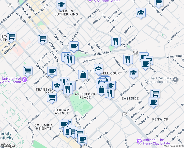 map of restaurants, bars, coffee shops, grocery stores, and more near 531 East Main Street in Lexington