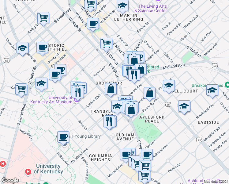 map of restaurants, bars, coffee shops, grocery stores, and more near 415 East Maxwell Street in Lexington