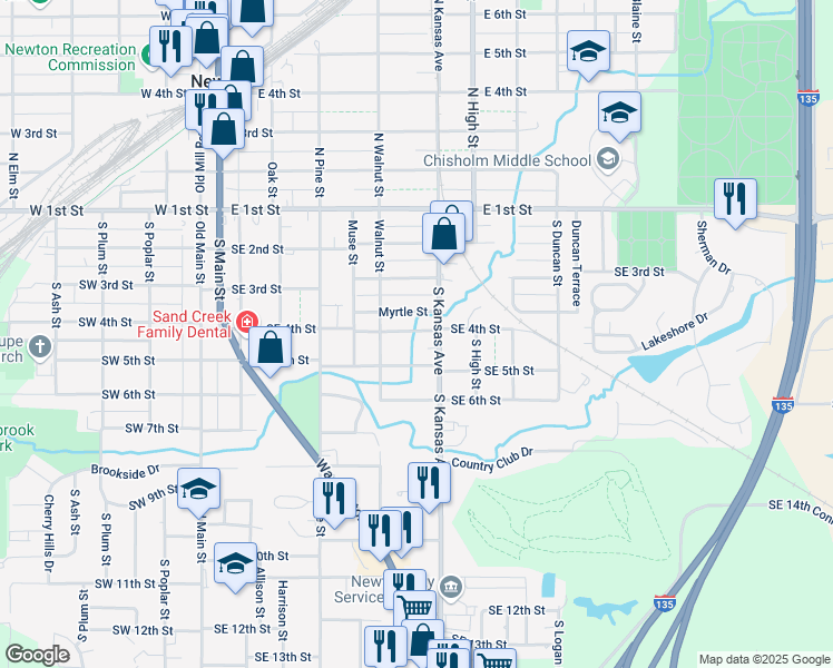 map of restaurants, bars, coffee shops, grocery stores, and more near 610 Southeast 5th Street in Newton