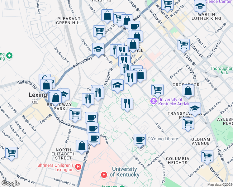 map of restaurants, bars, coffee shops, grocery stores, and more near 404 Administration Drive in Lexington