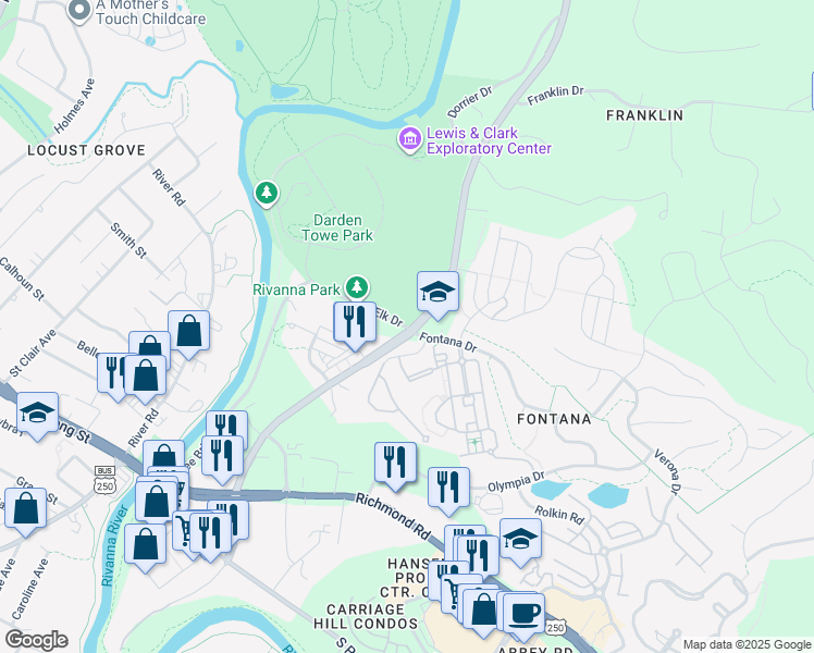 map of restaurants, bars, coffee shops, grocery stores, and more near 1499 Elk Drive in Charlottesville