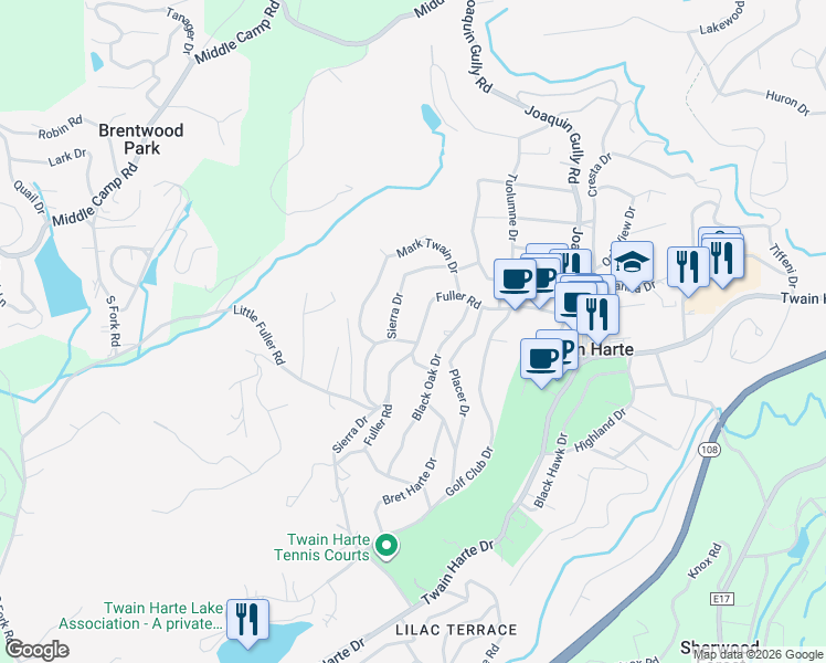 map of restaurants, bars, coffee shops, grocery stores, and more near 18401 Pine View Drive in Twain Harte