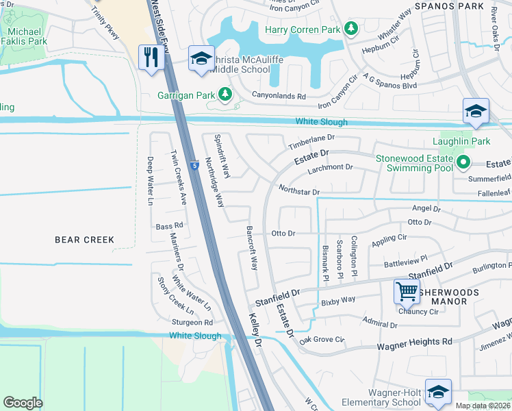 map of restaurants, bars, coffee shops, grocery stores, and more near 9634 Bancroft Way in Stockton