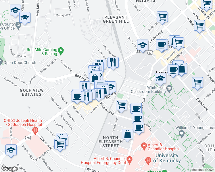 map of restaurants, bars, coffee shops, grocery stores, and more near 370 Bucoto Court in Lexington