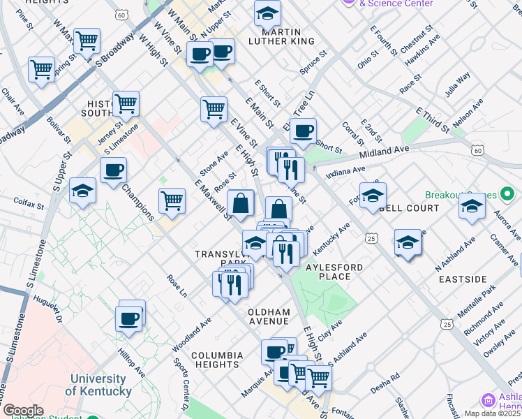 map of restaurants, bars, coffee shops, grocery stores, and more near 426 East High Street in Lexington