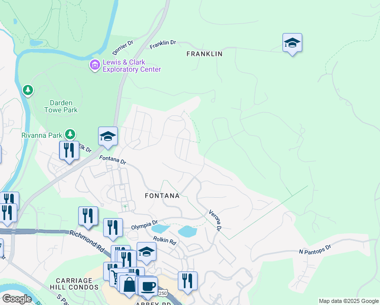 map of restaurants, bars, coffee shops, grocery stores, and more near 1871 Glissade Lane in Charlottesville