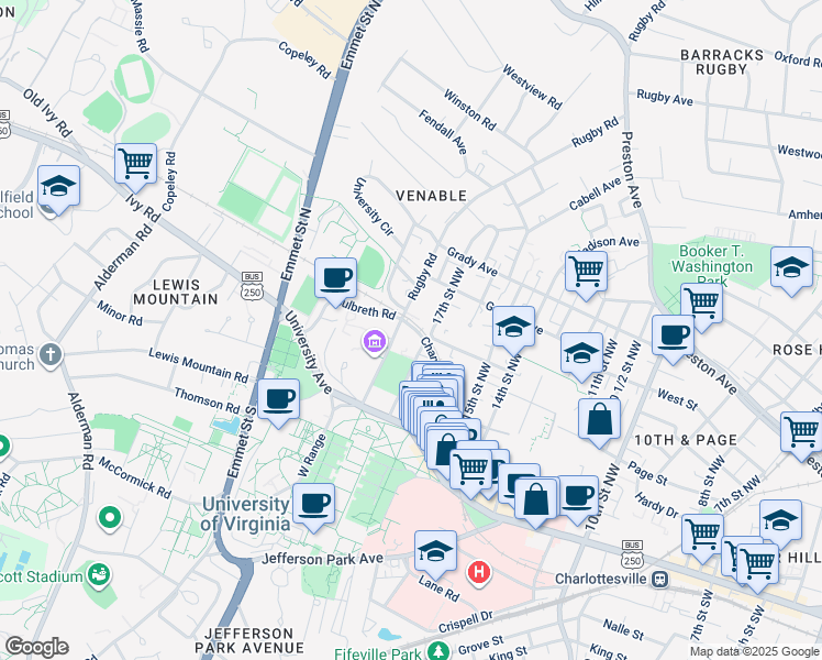 map of restaurants, bars, coffee shops, grocery stores, and more near 167 Chancellor Street in Charlottesville
