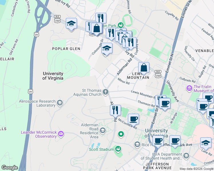 map of restaurants, bars, coffee shops, grocery stores, and more near 200 Midmont Ln in Charlottesville