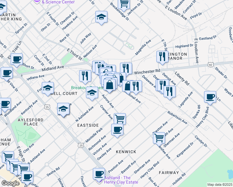 map of restaurants, bars, coffee shops, grocery stores, and more near 321 Hanover Court in Lexington