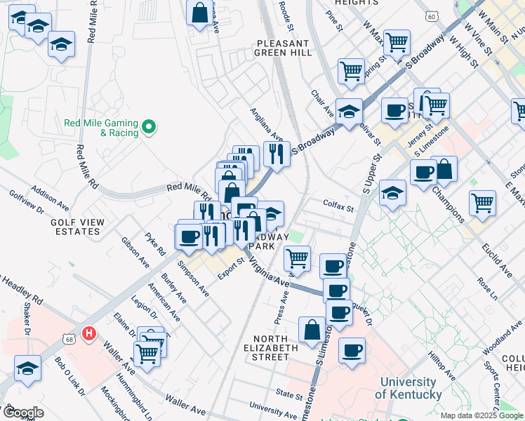 map of restaurants, bars, coffee shops, grocery stores, and more near 349 South Broadway Park in Lexington