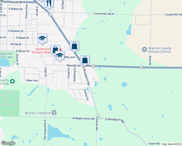 map of restaurants, bars, coffee shops, grocery stores, and more near 1306 North Rockport Road in Boonville