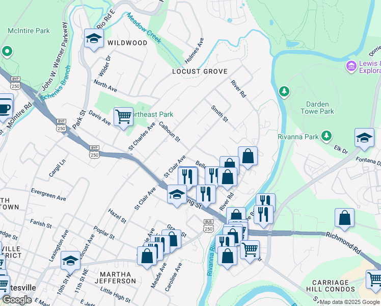map of restaurants, bars, coffee shops, grocery stores, and more near 1004 Saint Clair Avenue in Charlottesville
