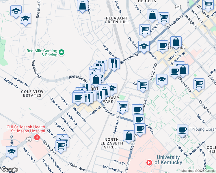 map of restaurants, bars, coffee shops, grocery stores, and more near 372 Bucoto Court in Lexington