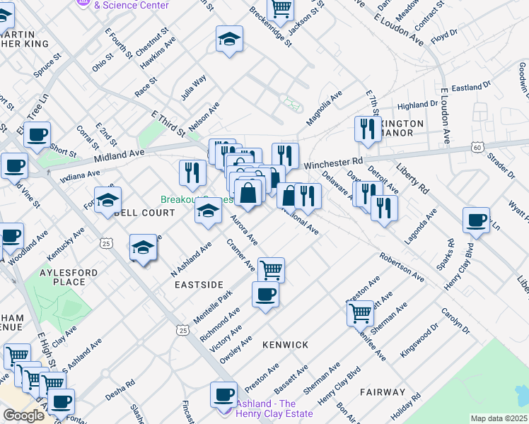 map of restaurants, bars, coffee shops, grocery stores, and more near 321 Hanover Court in Lexington