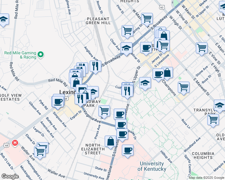 map of restaurants, bars, coffee shops, grocery stores, and more near 175 Prall Street in Lexington
