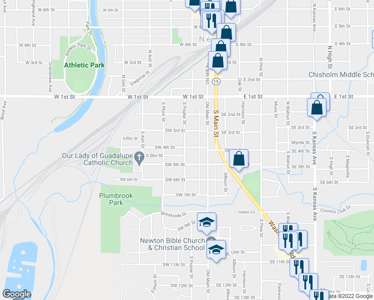 map of restaurants, bars, coffee shops, grocery stores, and more near 129 Southwest 4th Street in Newton