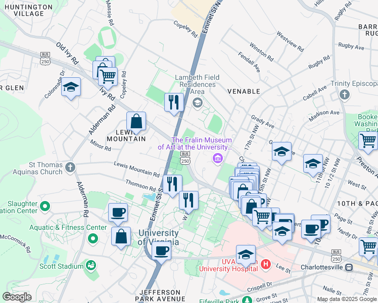 map of restaurants, bars, coffee shops, grocery stores, and more near 189 Culbreth Road in Charlottesville