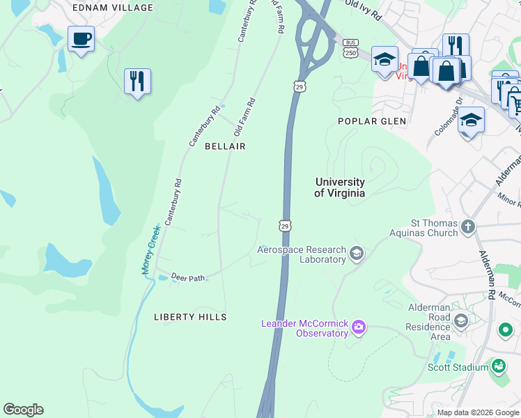 map of restaurants, bars, coffee shops, grocery stores, and more near 18 Deer Path in Charlottesville