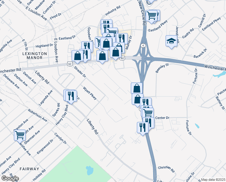 map of restaurants, bars, coffee shops, grocery stores, and more near 1671 Strader Drive in Lexington
