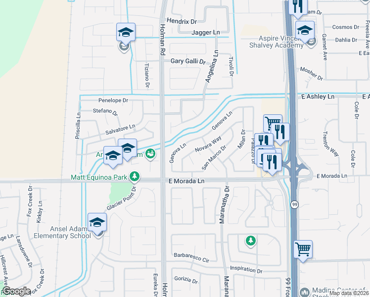 map of restaurants, bars, coffee shops, grocery stores, and more near 3604 Novara Way in Stockton