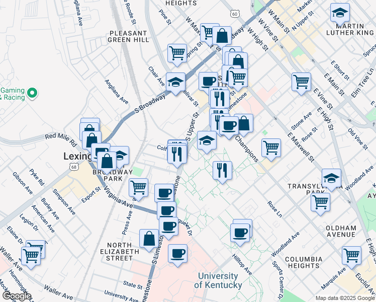 map of restaurants, bars, coffee shops, grocery stores, and more near in Lexington