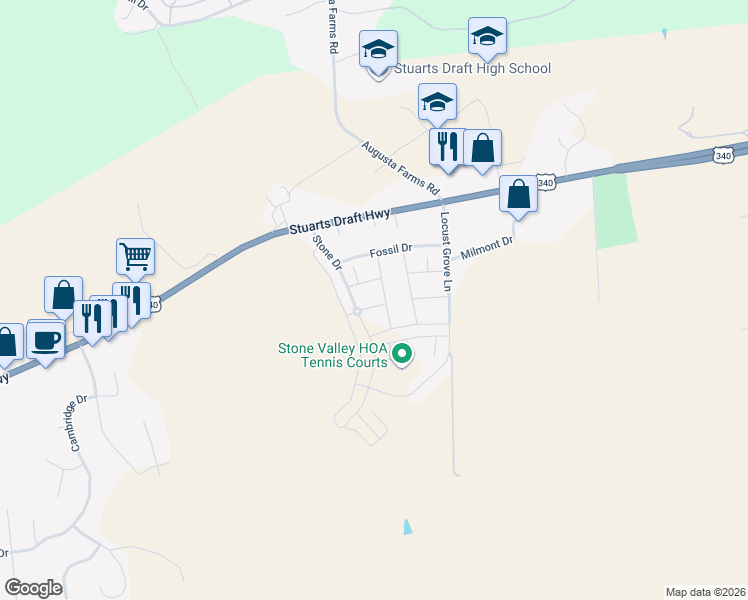 map of restaurants, bars, coffee shops, grocery stores, and more near 28 Brown Stone Drive in Stuarts Draft