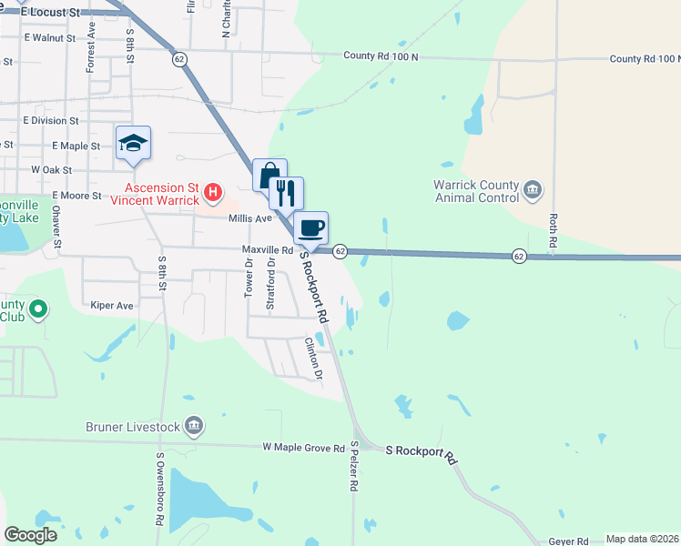 map of restaurants, bars, coffee shops, grocery stores, and more near 1225 Old Rockport Road in Boonville