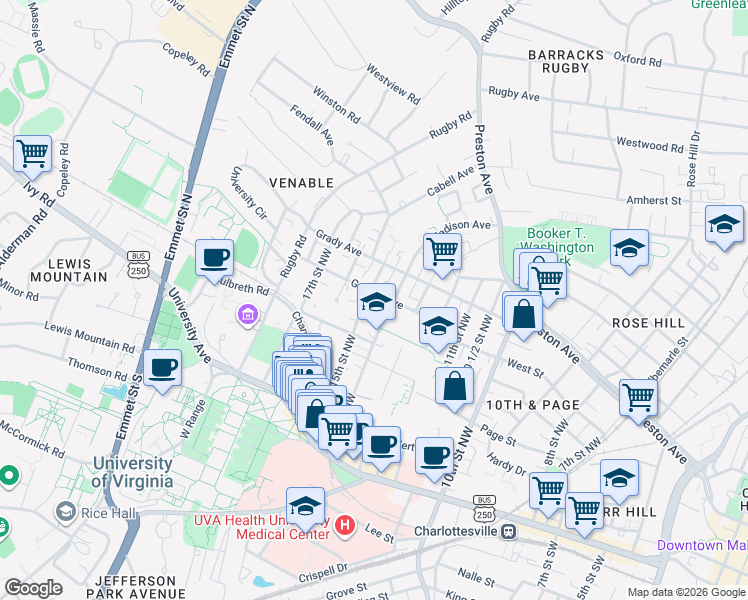 map of restaurants, bars, coffee shops, grocery stores, and more near 1414 Gordon Avenue in Charlottesville
