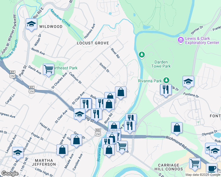 map of restaurants, bars, coffee shops, grocery stores, and more near 1226 Coleman Street in Charlottesville