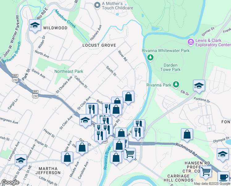 map of restaurants, bars, coffee shops, grocery stores, and more near 1226 Coleman Street in Charlottesville