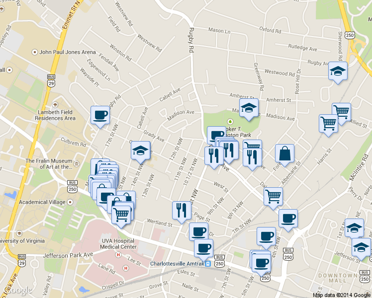 map of restaurants, bars, coffee shops, grocery stores, and more near in Charlottesville