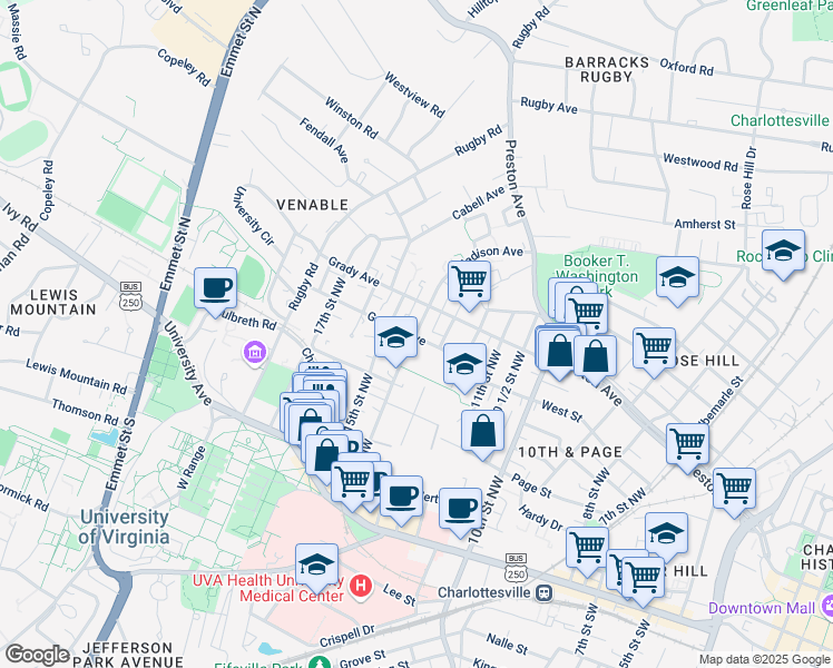 map of restaurants, bars, coffee shops, grocery stores, and more near in Charlottesville
