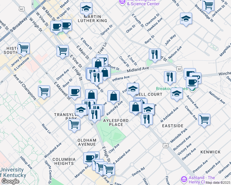map of restaurants, bars, coffee shops, grocery stores, and more near 489 East Main Street in Lexington