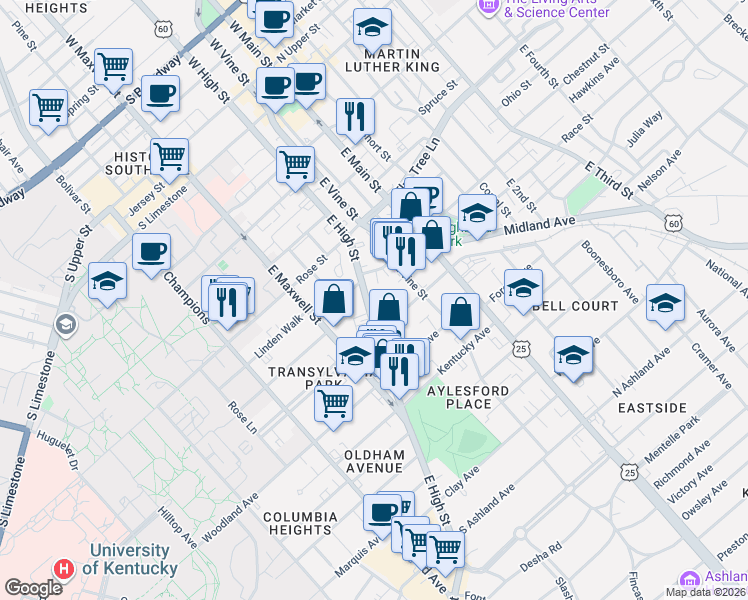 map of restaurants, bars, coffee shops, grocery stores, and more near 409 East High Street in Lexington