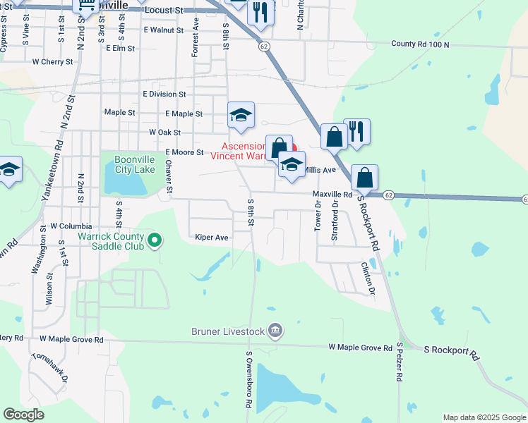 map of restaurants, bars, coffee shops, grocery stores, and more near 955 Maxville Road in Boonville