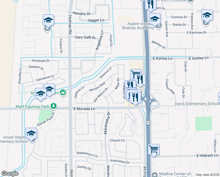 map of restaurants, bars, coffee shops, grocery stores, and more near 3838 Novara Way in Stockton