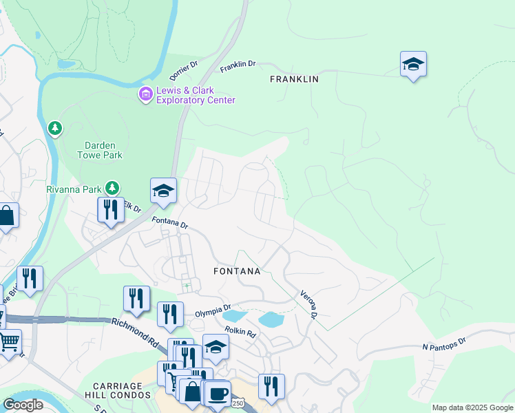 map of restaurants, bars, coffee shops, grocery stores, and more near 1523 Delphi Lane in Charlottesville