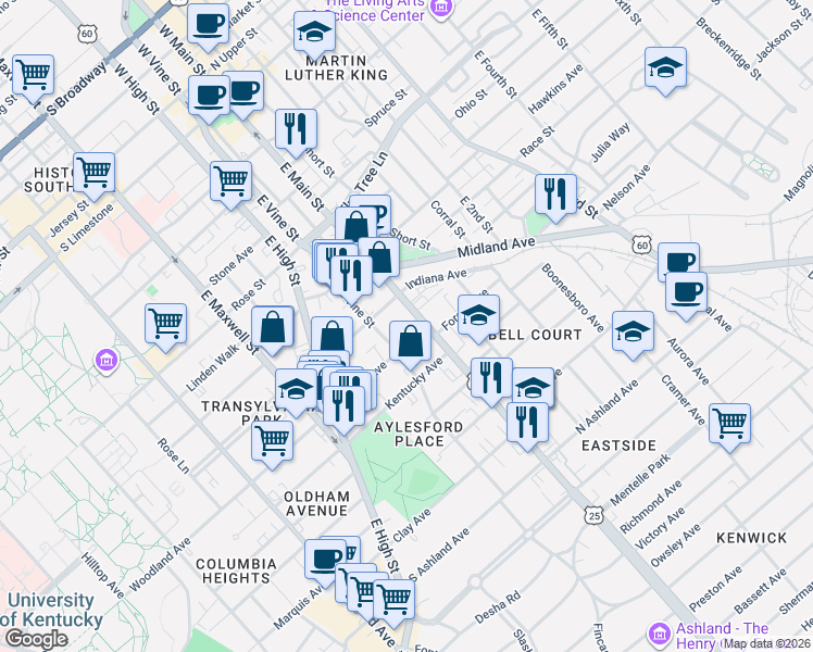 map of restaurants, bars, coffee shops, grocery stores, and more near 460 East Main Street in Lexington