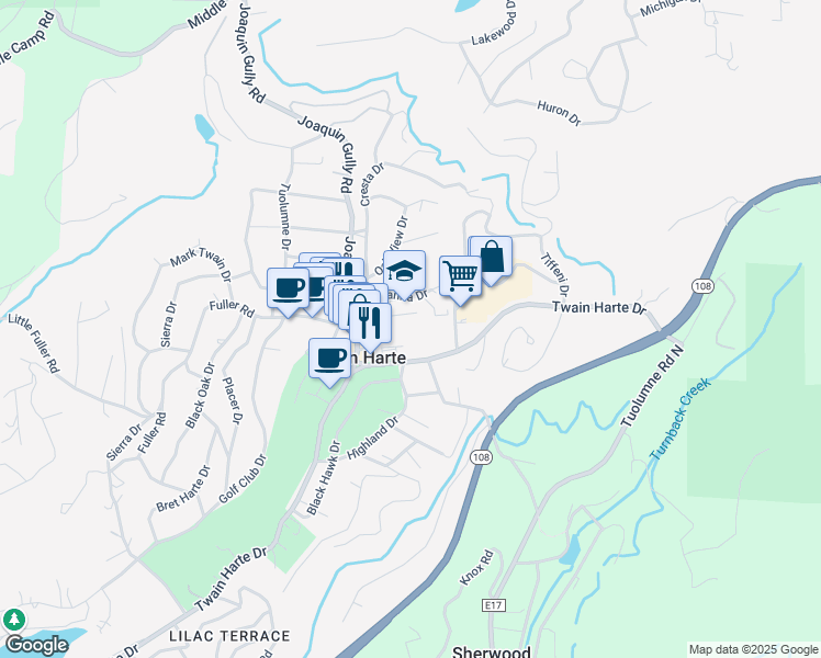 map of restaurants, bars, coffee shops, grocery stores, and more near 18815 Manzanita Drive in Twain Harte