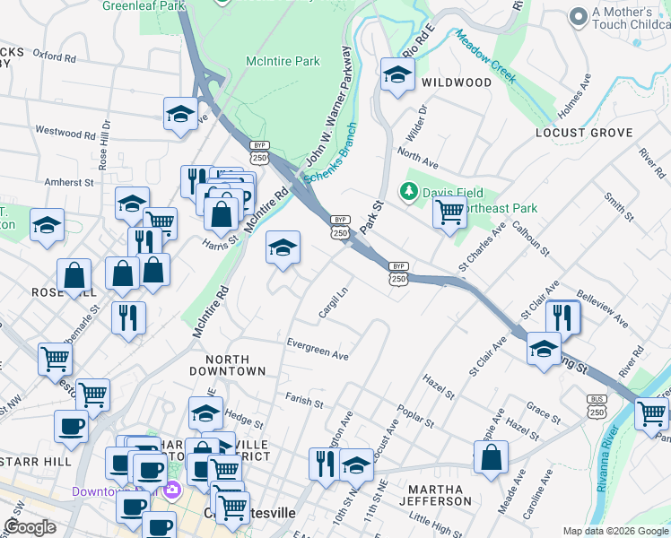 map of restaurants, bars, coffee shops, grocery stores, and more near 750 Park Ridge Drive in Crozet