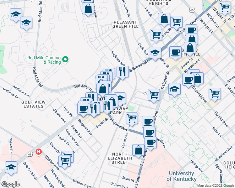 map of restaurants, bars, coffee shops, grocery stores, and more near 373 Bucoto Court in Lexington