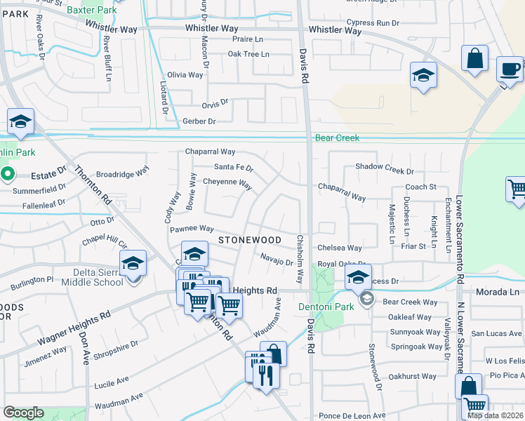 map of restaurants, bars, coffee shops, grocery stores, and more near in Stockton