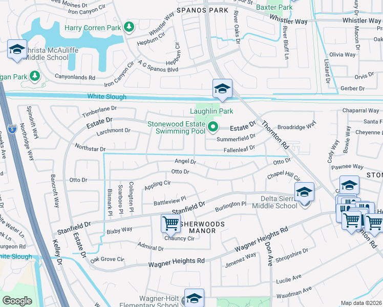map of restaurants, bars, coffee shops, grocery stores, and more near 9740 Treetop Drive in Stockton
