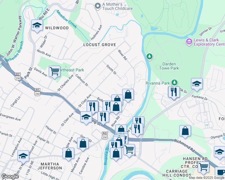 map of restaurants, bars, coffee shops, grocery stores, and more near 1226 Coleman Street in Charlottesville