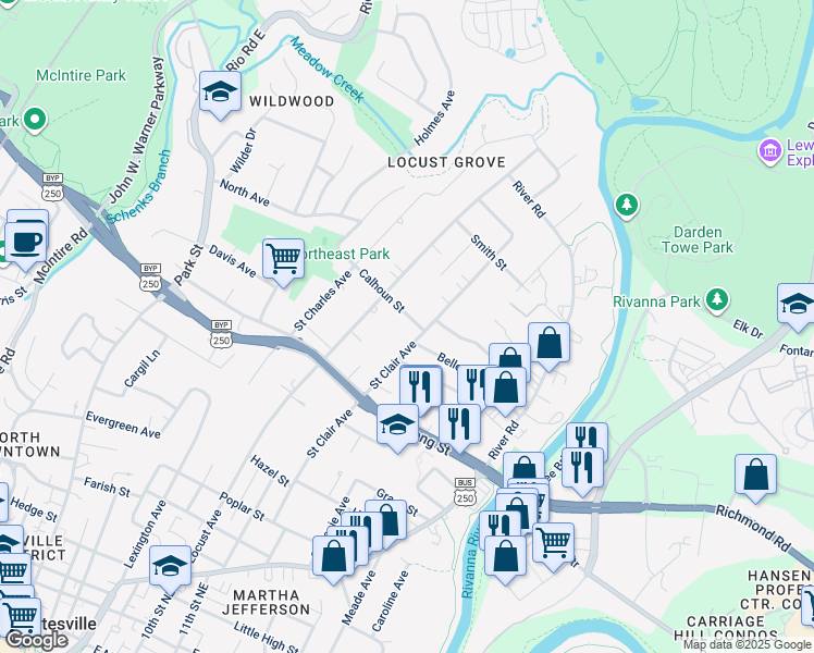 map of restaurants, bars, coffee shops, grocery stores, and more near 1101 Calhoun Street in Charlottesville
