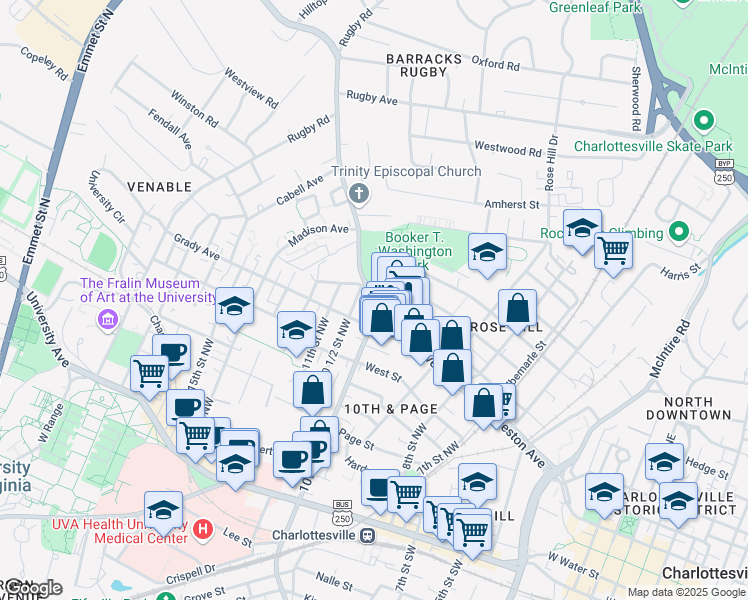 map of restaurants, bars, coffee shops, grocery stores, and more near 1011 Preston Avenue in Charlottesville
