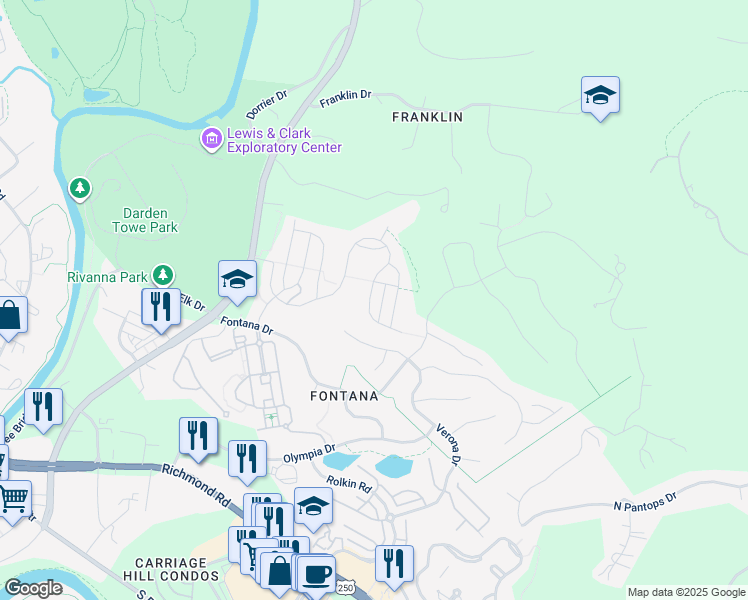 map of restaurants, bars, coffee shops, grocery stores, and more near 1523 Delphi Lane in Charlottesville