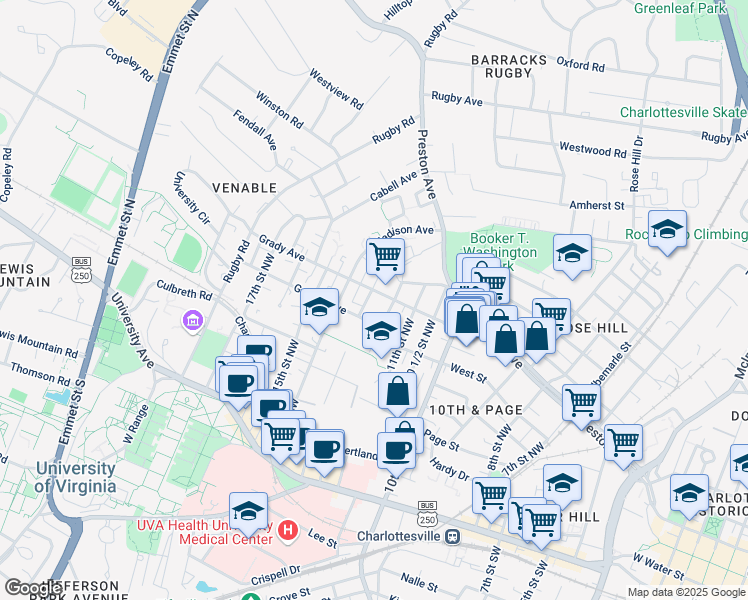 map of restaurants, bars, coffee shops, grocery stores, and more near 510 13th Street Northwest in Charlottesville