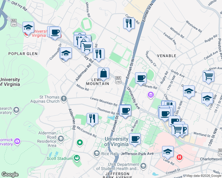 map of restaurants, bars, coffee shops, grocery stores, and more near 209 Sprigg Lane in Charlottesville